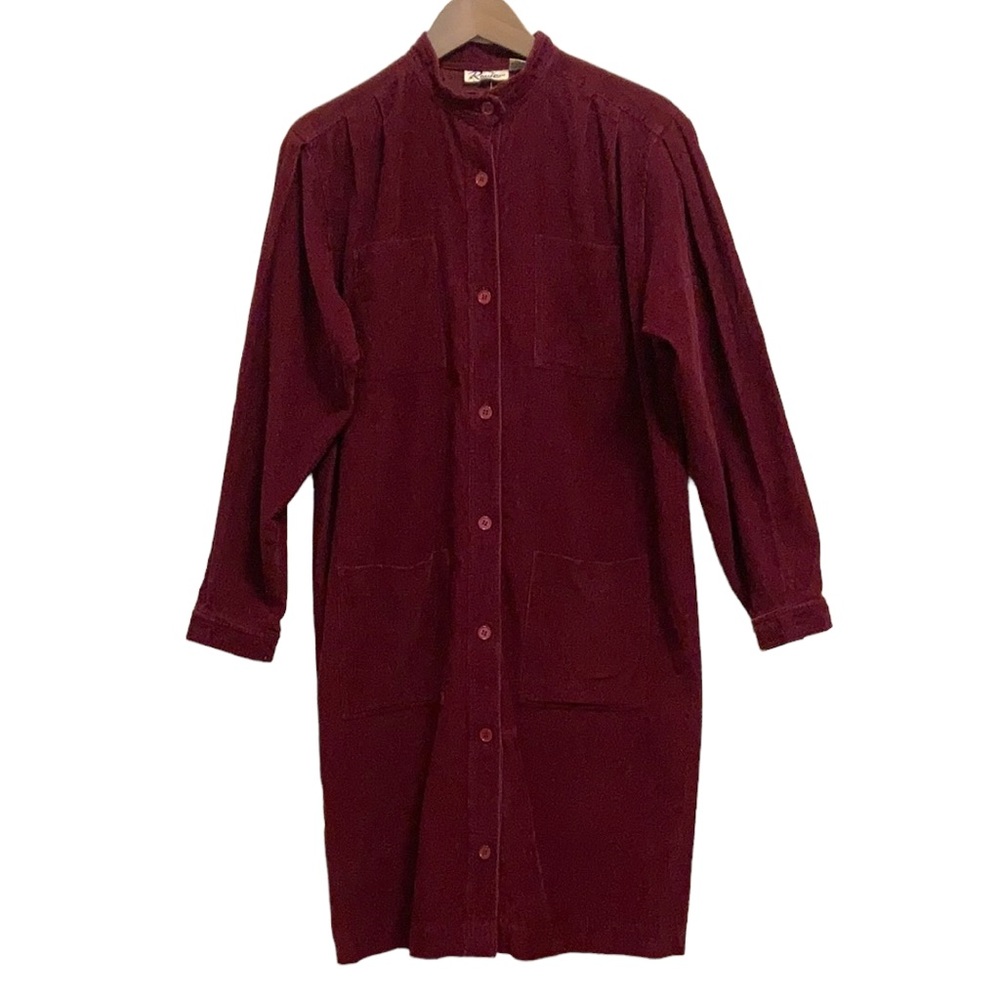 Vintage Maroon Corduroy Shirtdress Size Large Midi Shift Dress Utility Lined